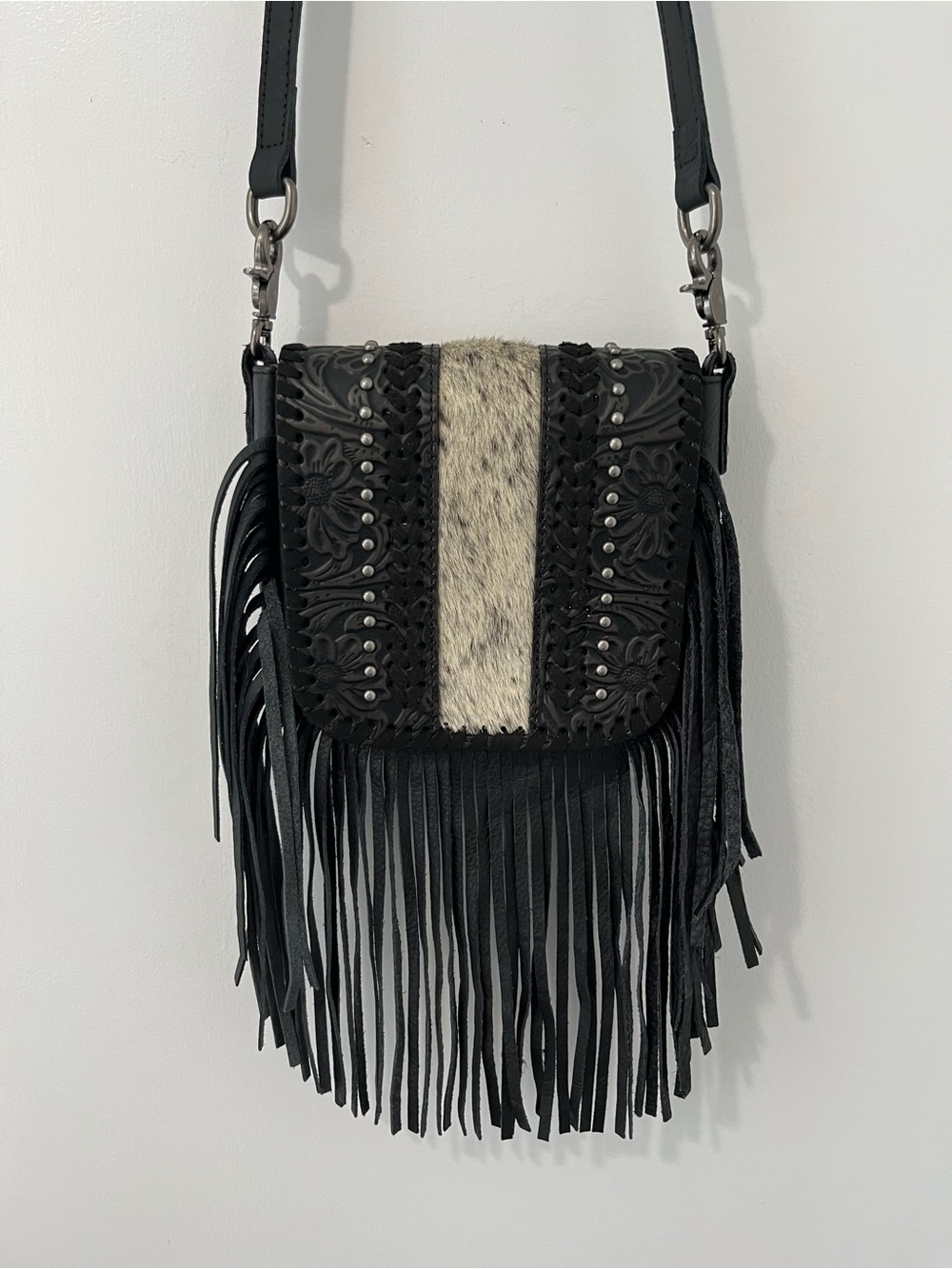 Montana West Fringe Hair-on Genuine Leather Floral Tooled Crossbody Bag